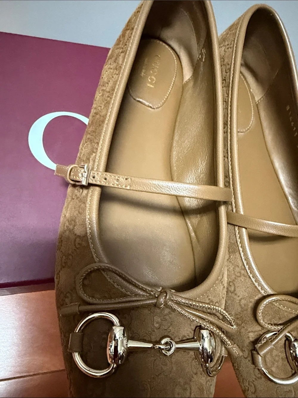 Gucci Tan Signature GG Horsebit Mary Jane Flats